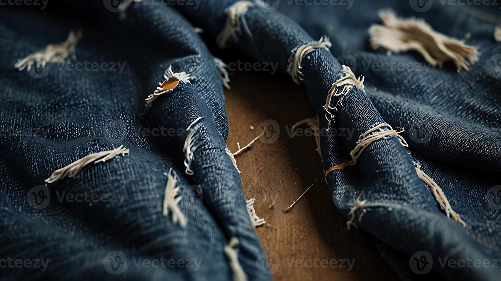 Close-up of distressed denim fabric with visible threads and frayed edges for fashion brand photo