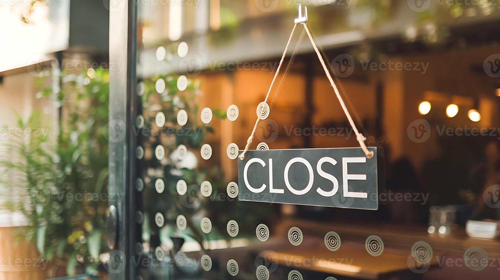 A closed sign hangs on a glass door of business indicating operating hours for this business photo