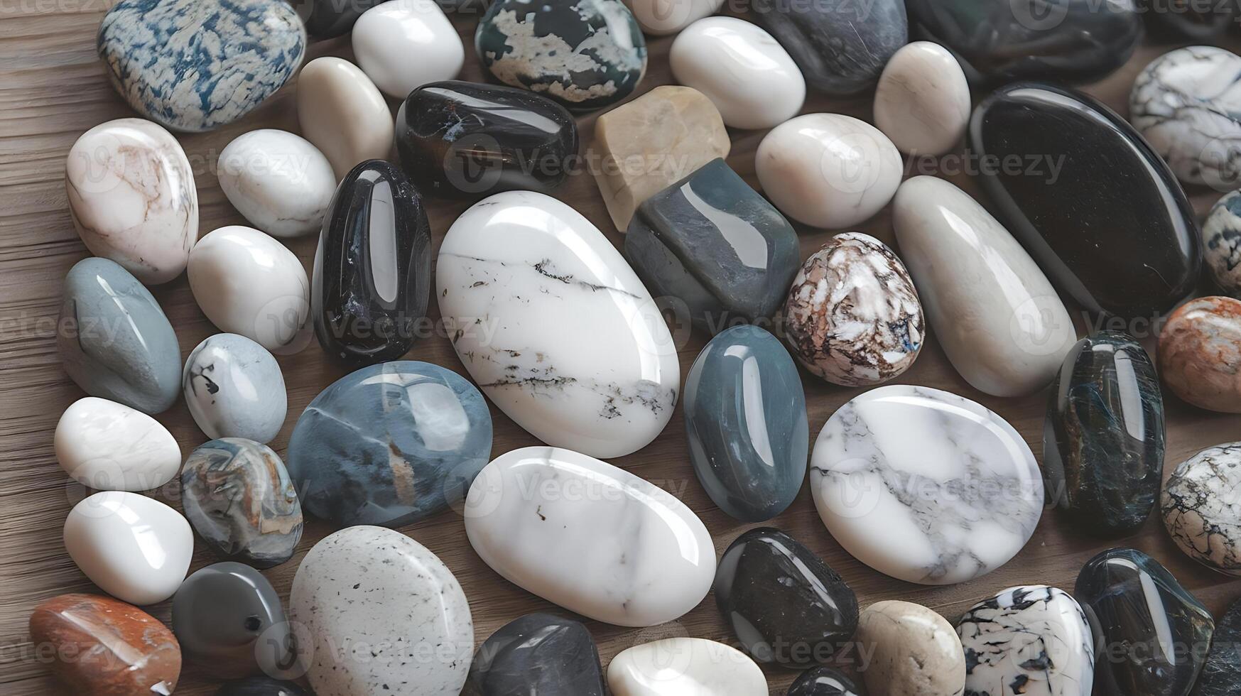 Assorted polished stones in various colors and patterns arranged on a wooden surface for business photo