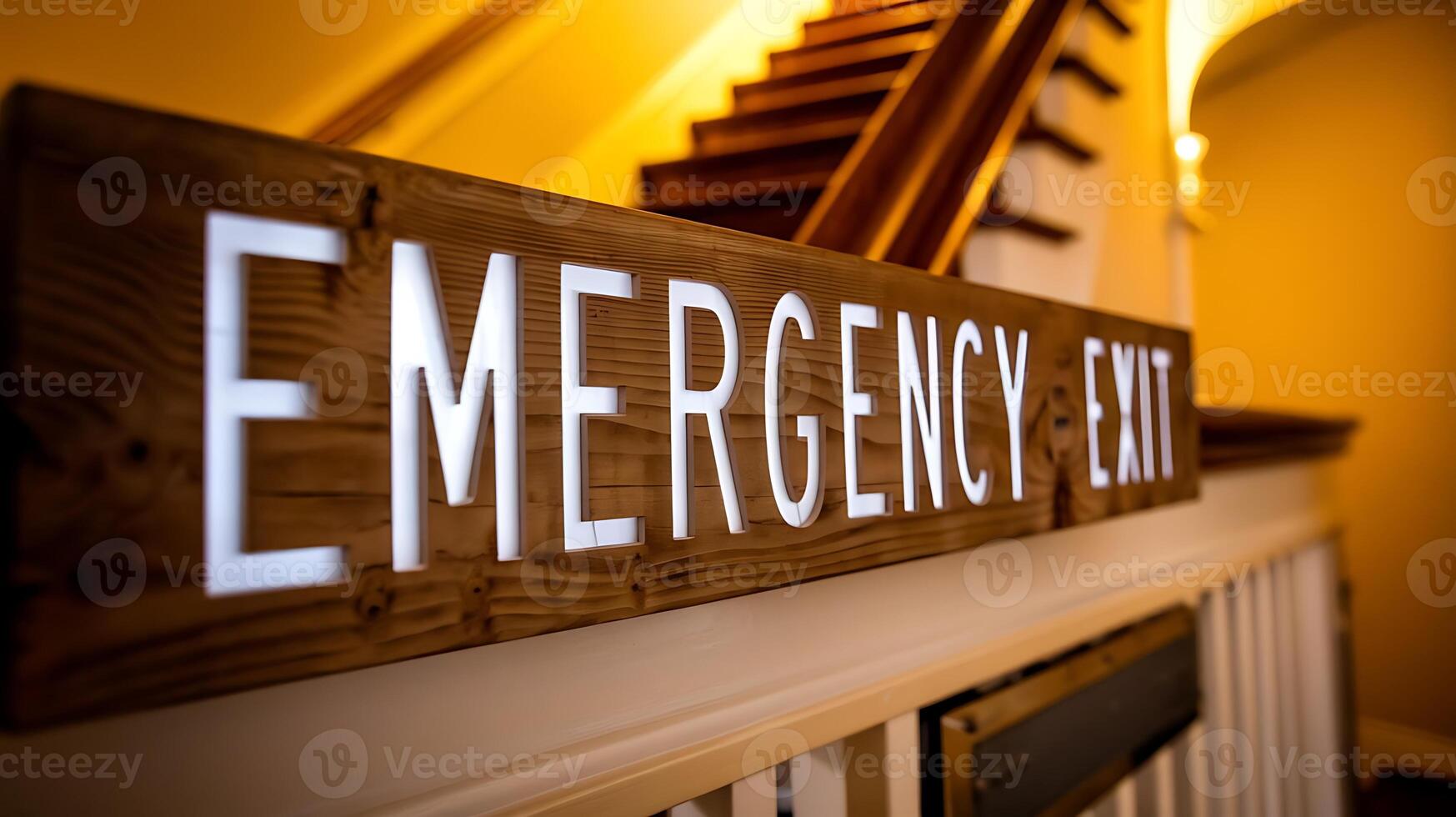 Emergency Exit sign with white illuminated letters on wood, for business use in safety and evacuation plans photo