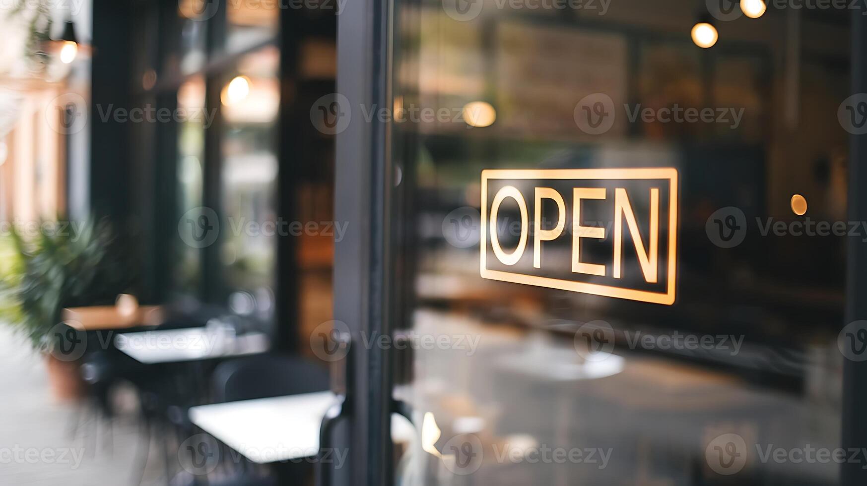 Open sign on glass door indicating business is ready for customers, for business use photo