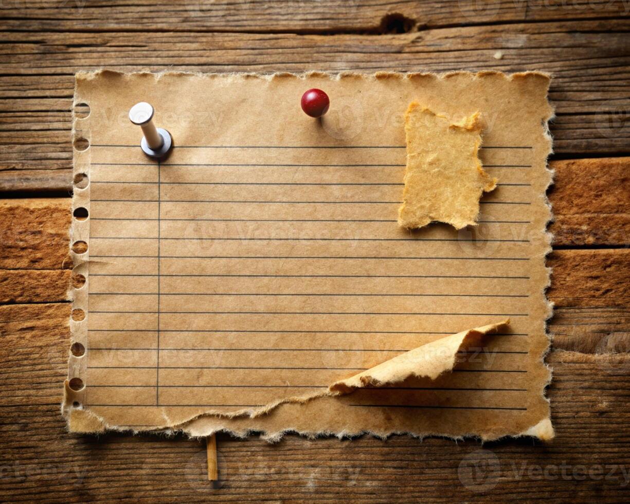A blank lined paper with pins on a wooden surface suitable for business purposes photo