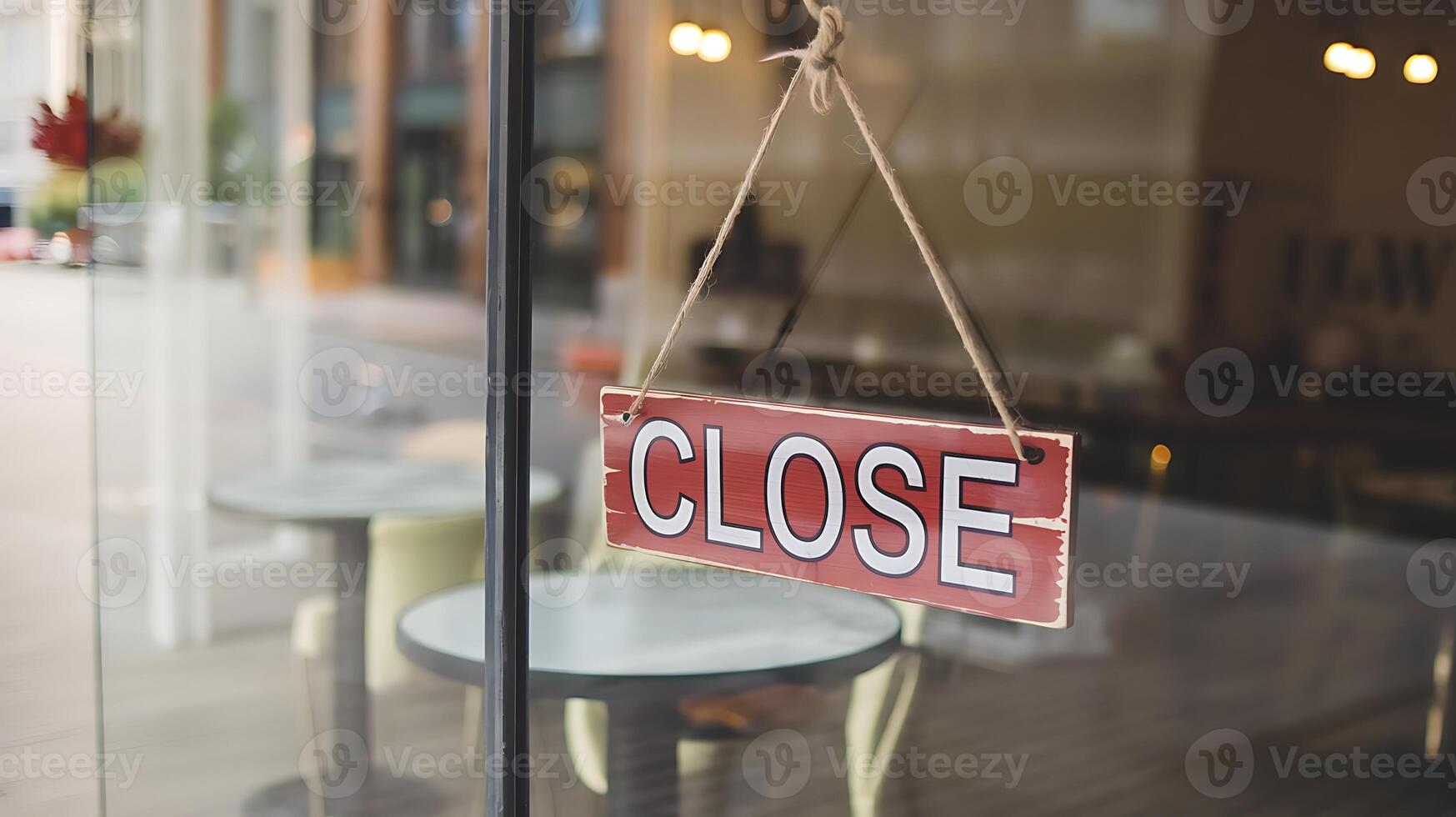 Closed sign hanging on a glass door of a business indicating that it's not open for operation photo
