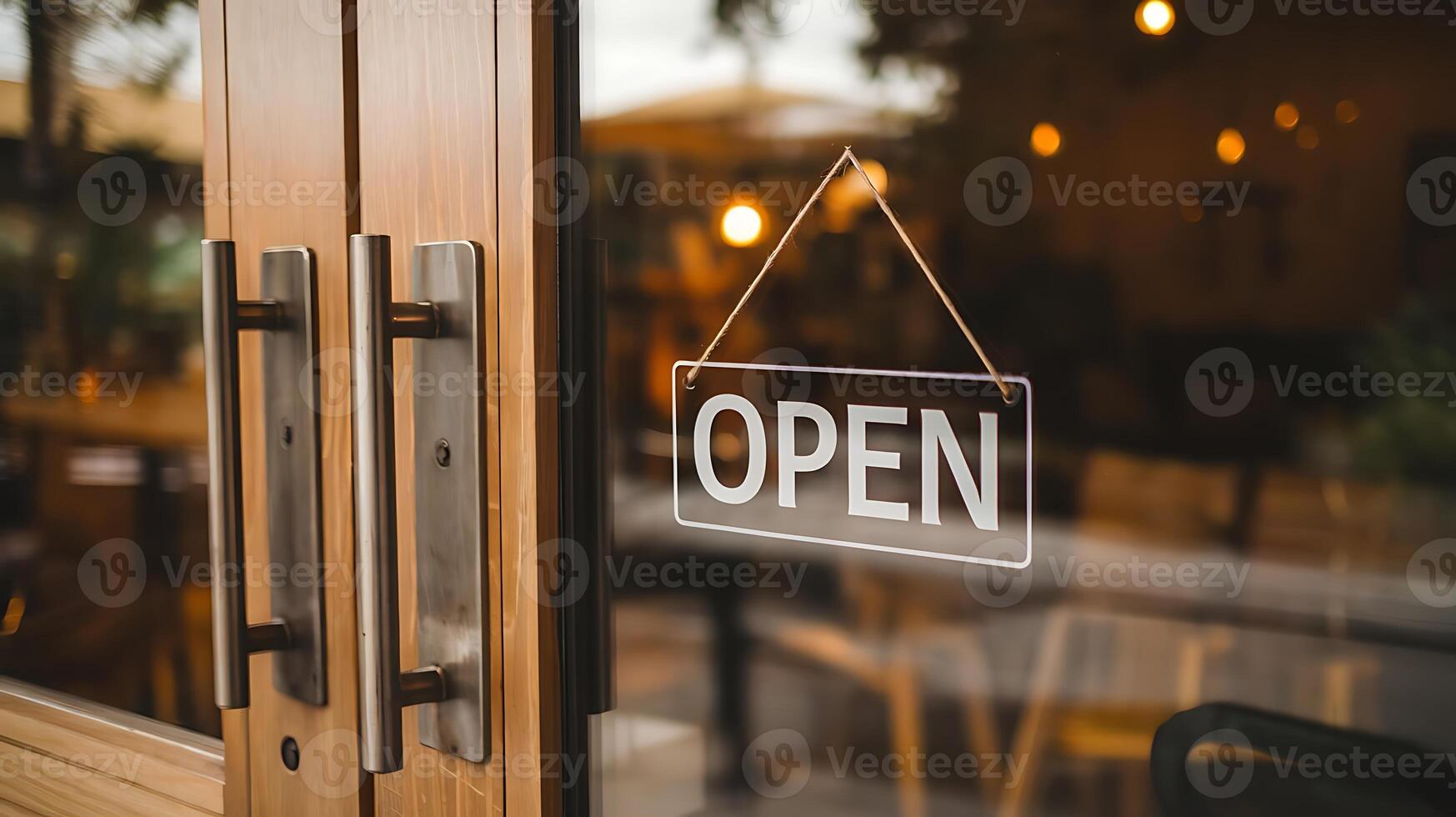 Business doors with an open sign, inviting customers to enter the establishment for business purposes photo