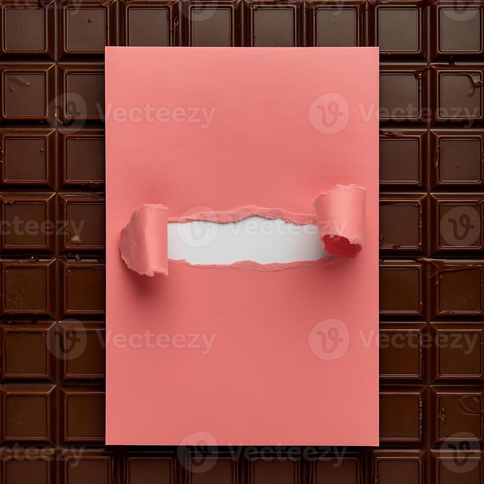 Chocolate bar background with a torn pink paper in the middle for text advertising business photo