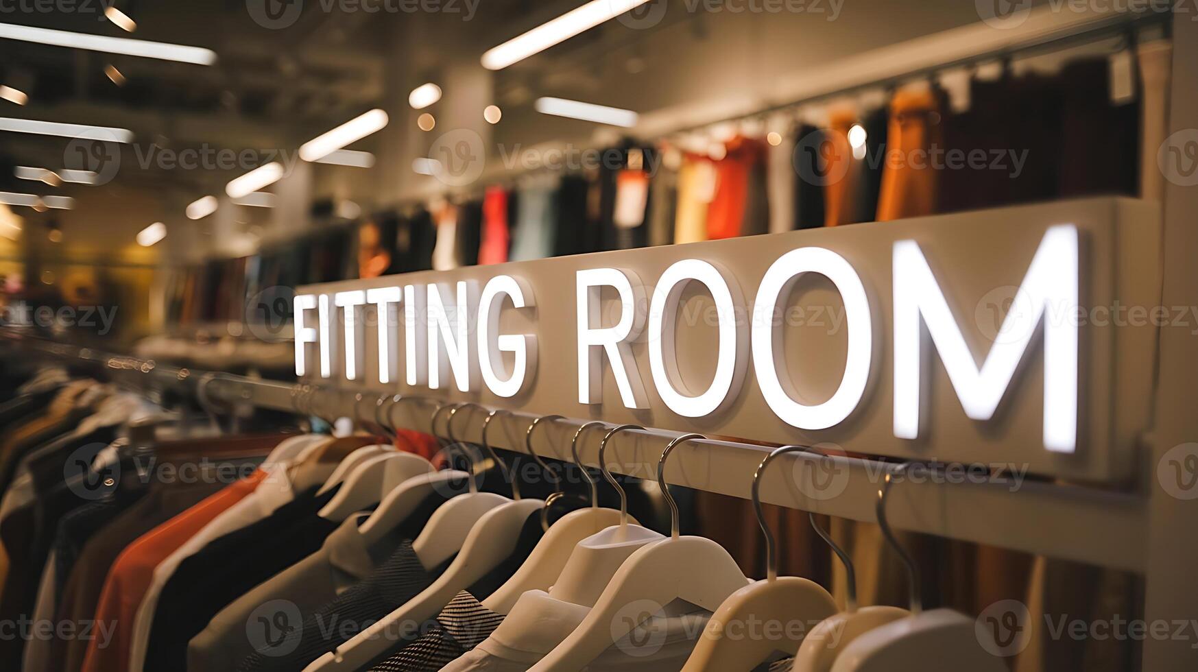 Illuminated Fitting Room Sign and Clothing Racks for Retail Business Concept photo