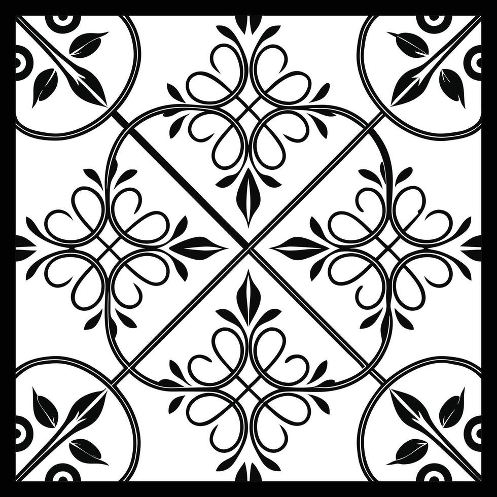a black and white square tile with a floral design. Classic Monochrome Ornamental Pattern vector