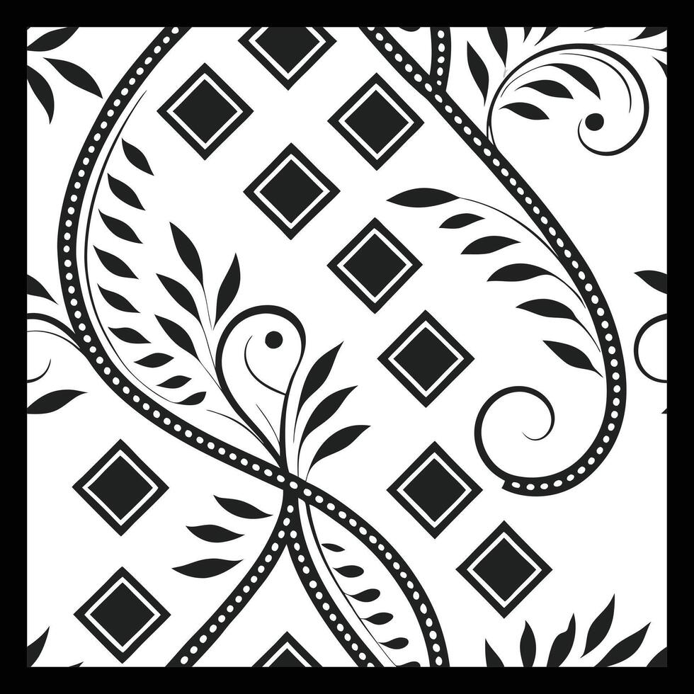 a black and white pattern with leaves and diamonds. Luxurious Black and White Floral Pattern vector