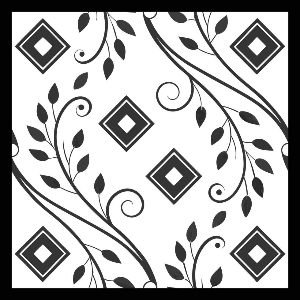 a black and white pattern with leaves and diamonds. Black and White Ornamental Floral Pattern vector