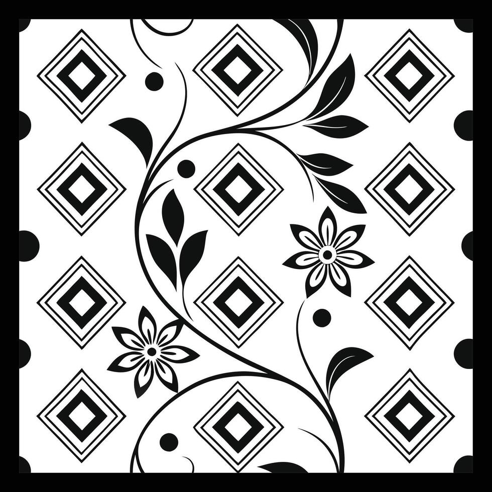 a black and white square pattern with flowers and diamonds vector