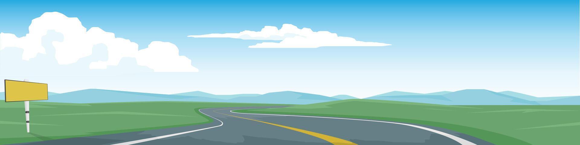 Landscape of winding asphalt road. On the wide grassland. Were grasses growing on both sides. Softe color of mountain and blue sky with white clouds. Blank signs on the side of the road. vector