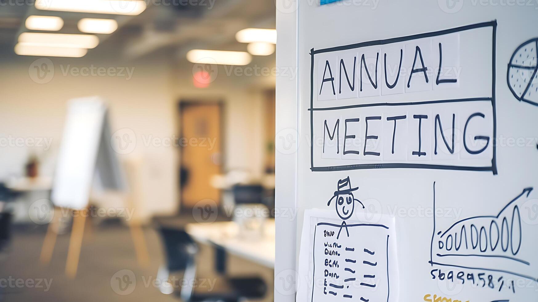 A whiteboard with the words ANNUAL MEETING, business graphs and a cartoon drawing for a business discussion photo