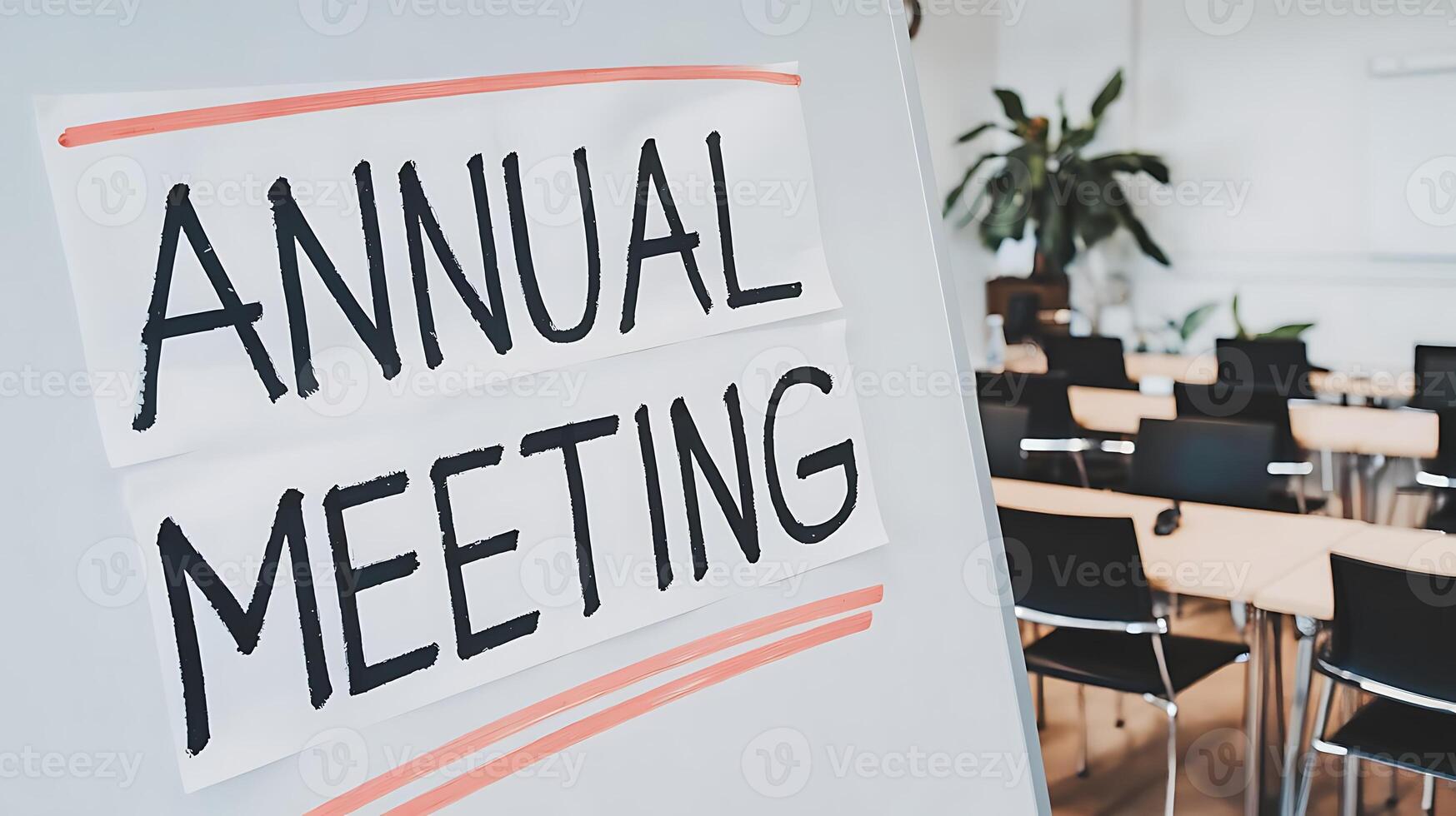 Annual meeting notice on a whiteboard with a conference room in the background for business use photo