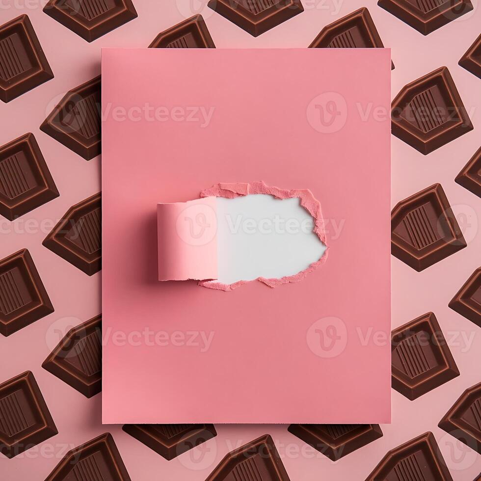 Pink paper with torn hole on a pink background with chocolate for business use photo