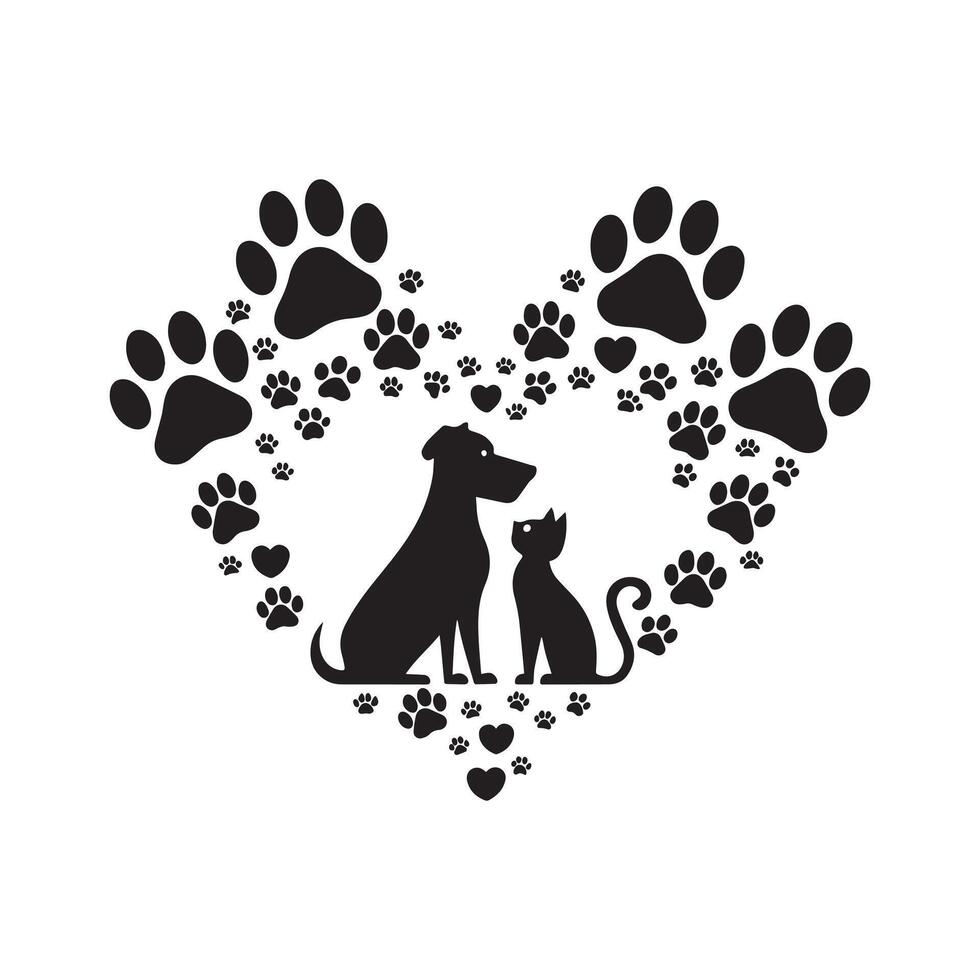 A heart-shaped composition made up of various black paw prints and small hearts, with the silhouette of a dog and a cat vector