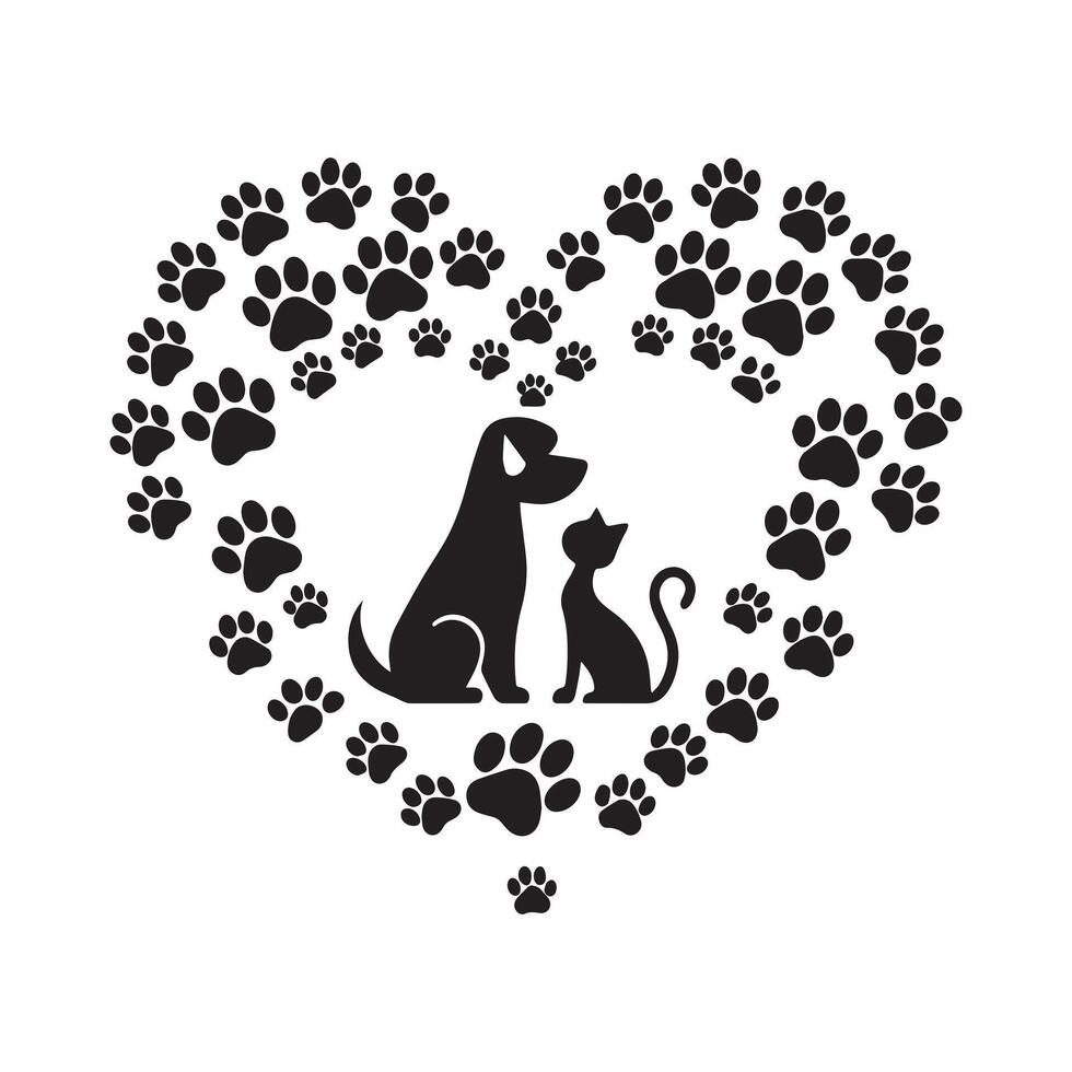 Pet Love Silhouette with Dog and Cat in Heart of Paw Prints. vector