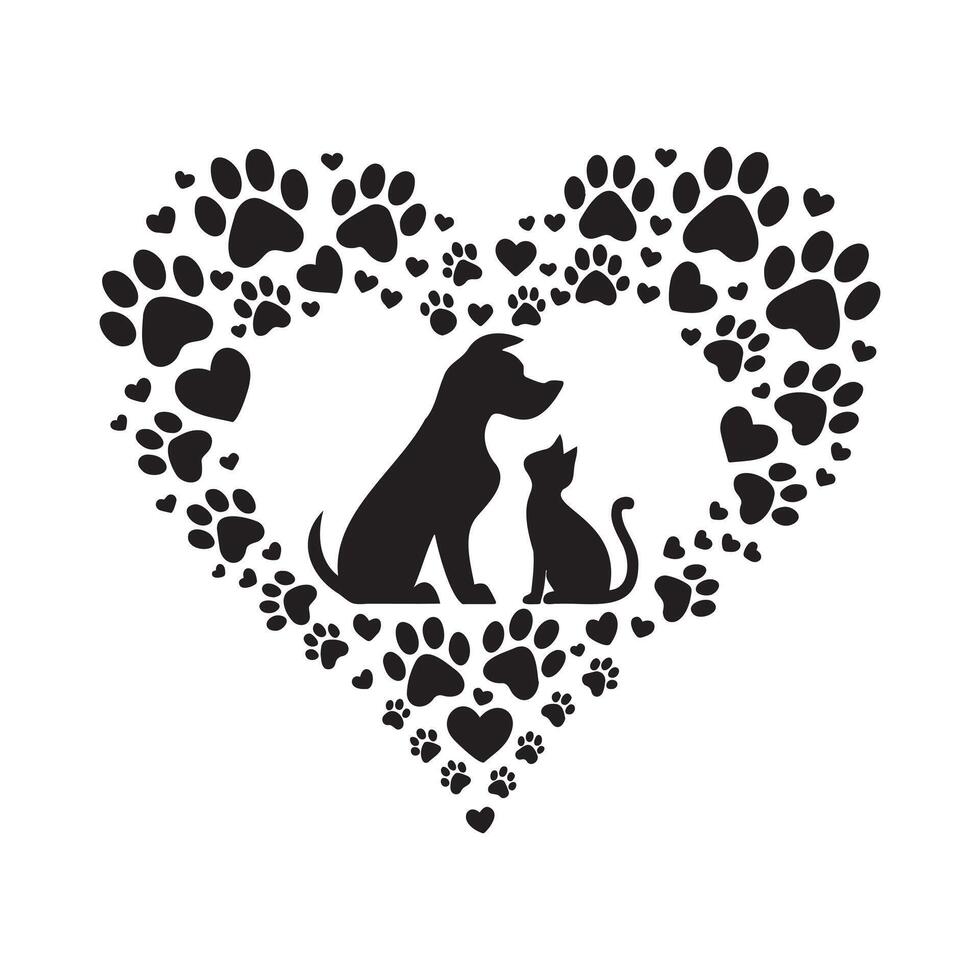 Dog and Cat Silhouette in Heart of Paw Prints and Love Symbols. vector