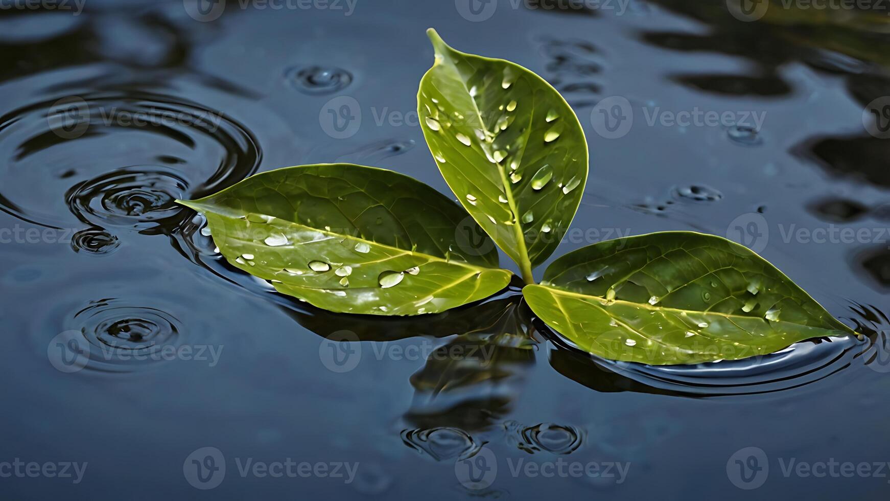 Green leaves with water droplets floating on rippling dark water surface for business photo