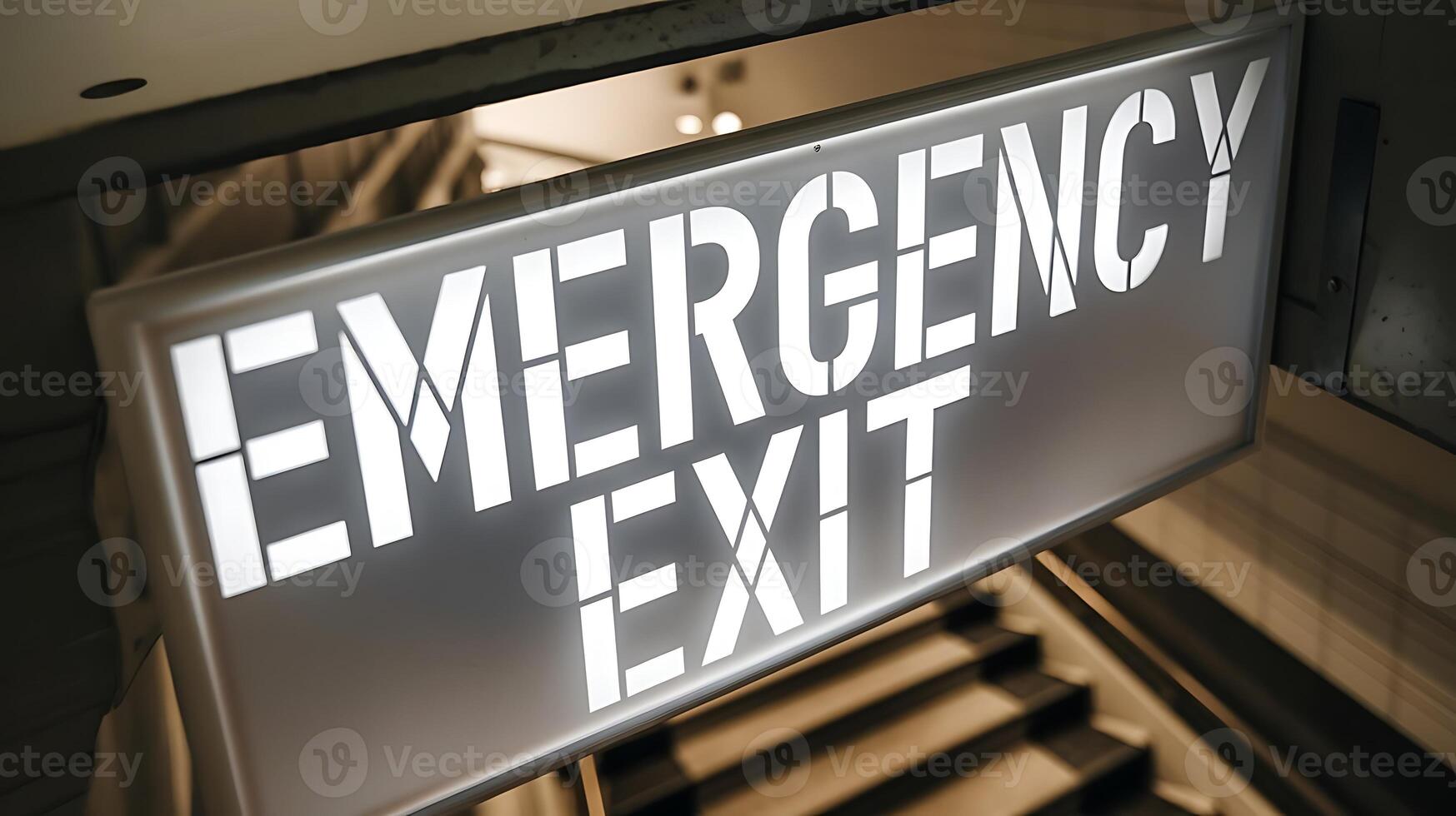 Illuminated emergency exit sign for office safety and emergency preparedness at a workplace photo