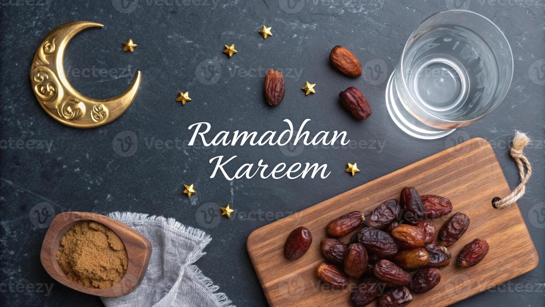 Ramadhan Kareem celebration arrangement with dates and gold crescent moon for business purposes photo