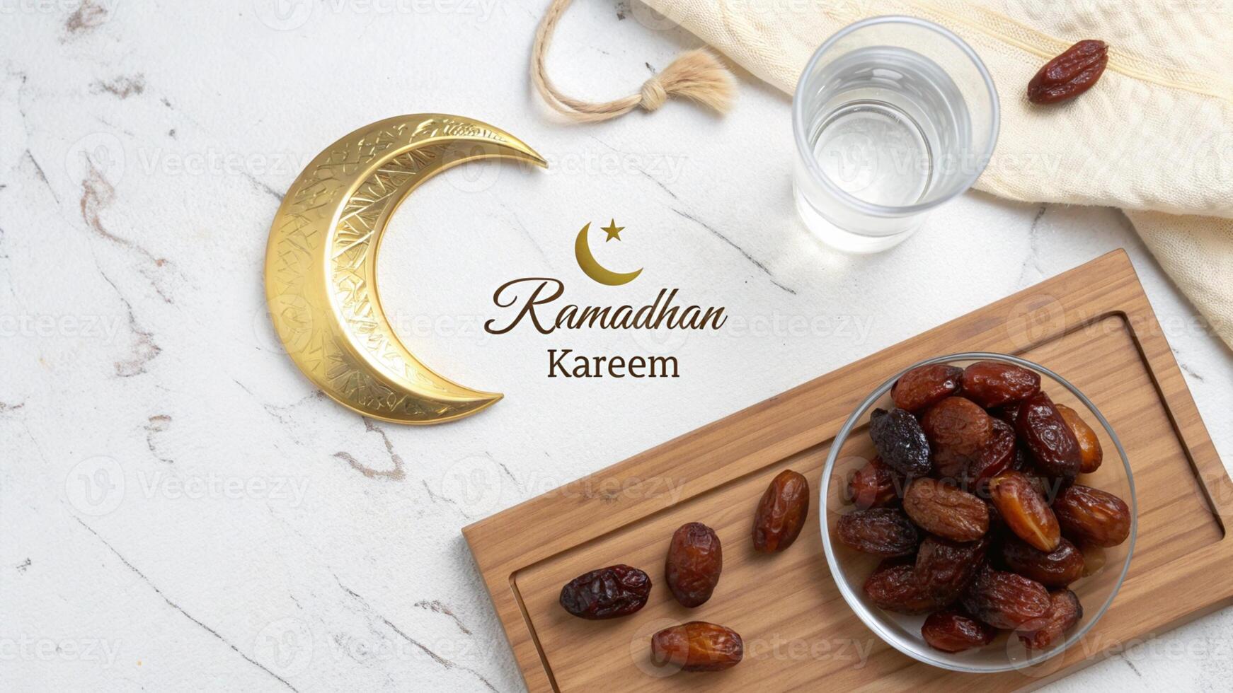 Ramadan Kareem business image with golden moon decor dates glass of water and cloth photo