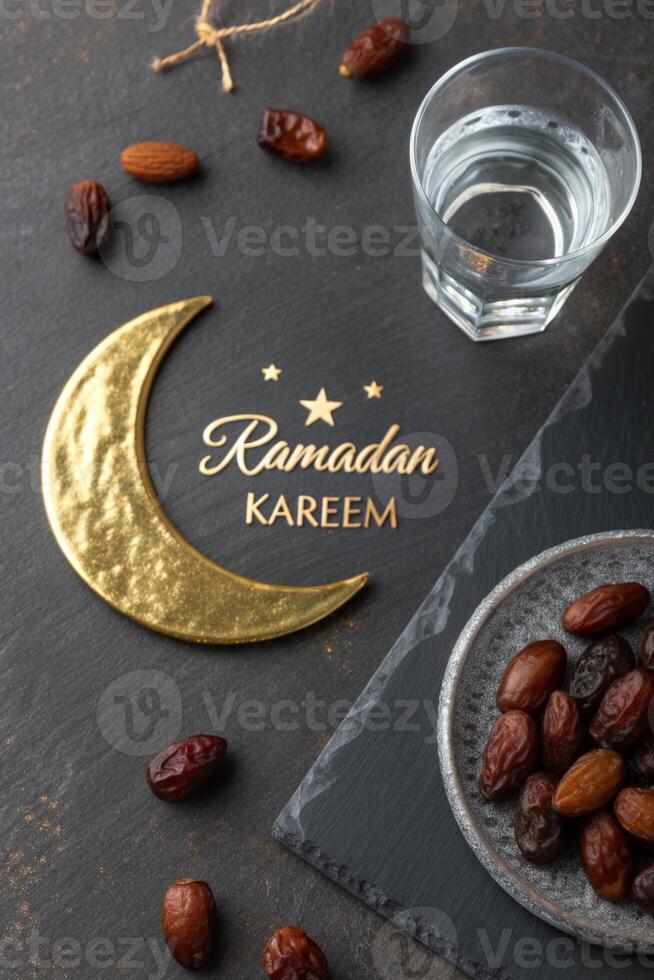 Ramadan Kareem still life with golden moon crescent for business use promotion of islamic holiday photo