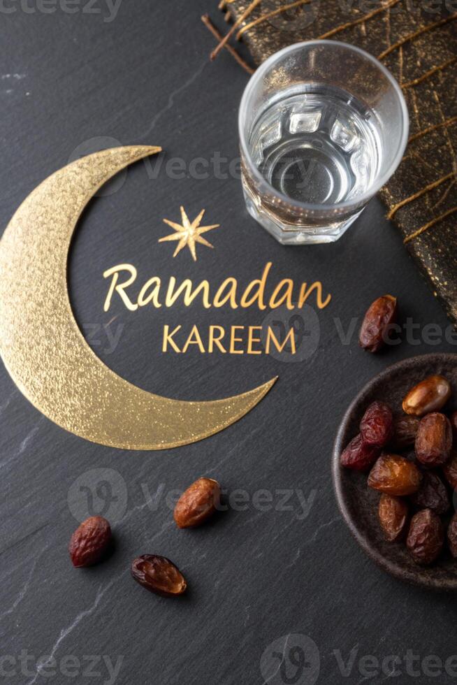 Ramadan Kareem business marketing material with moon, dates, and water on dark background photo