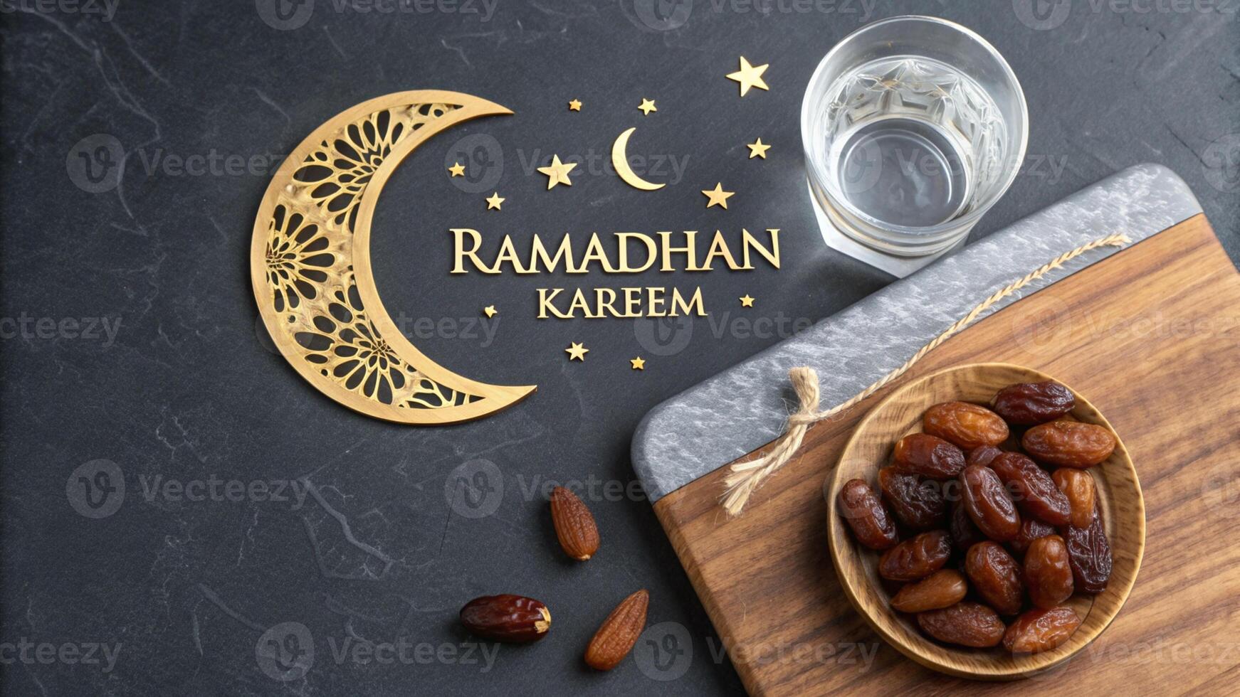 Ramadan Kareem themed still life with dates water and golden decorations for business photo