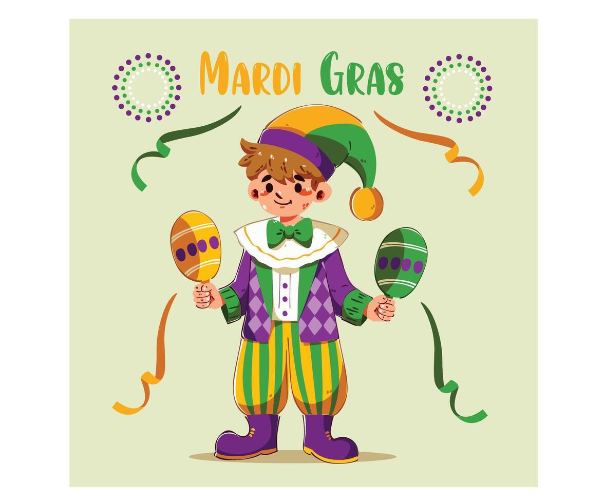 Mardi Gras with Colorful Jester Juggling Props vector