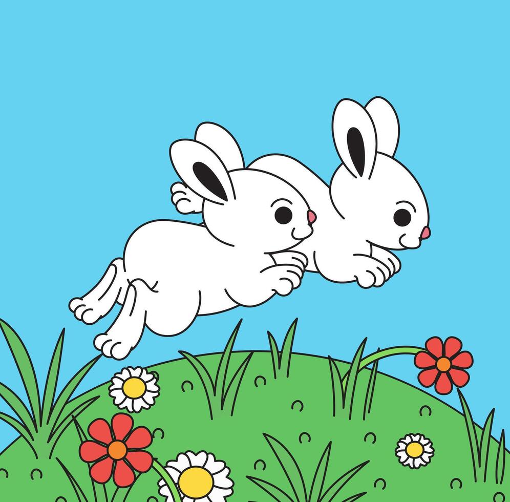 Two rabbit jumping over the hill flower vector