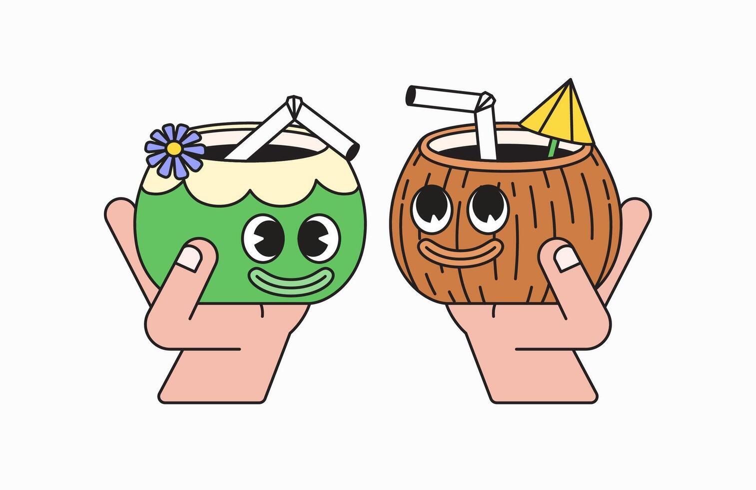 Two character coconut drinks held by hands vector