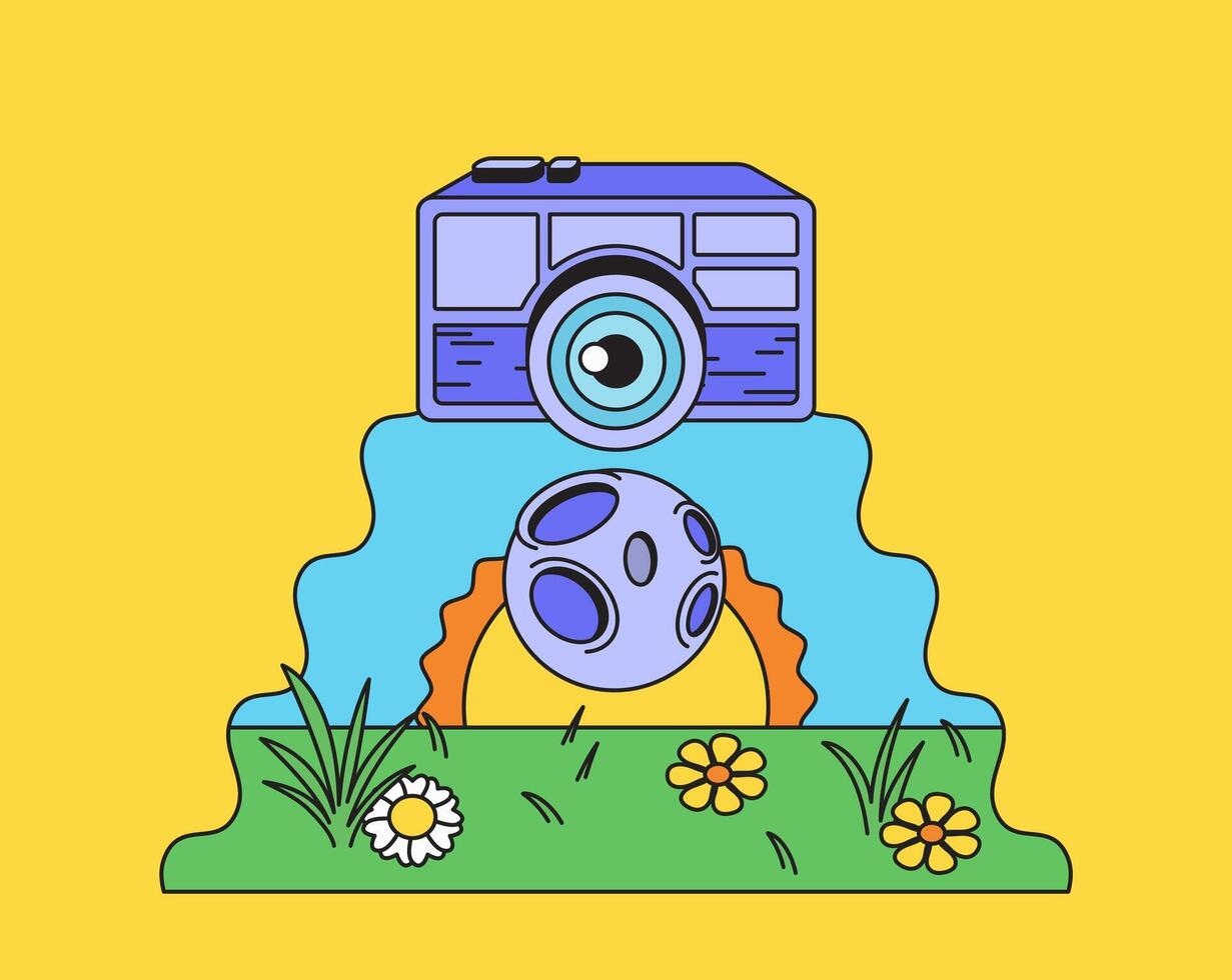 Retro camera capturing nature scene illustration vector