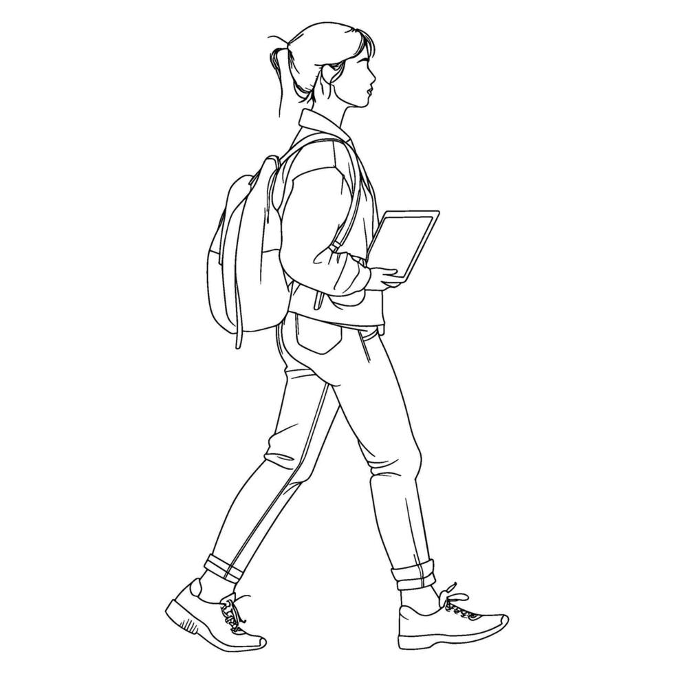 Young Man Walking with Backpack and Tablet - Casual Outline Illustration vector