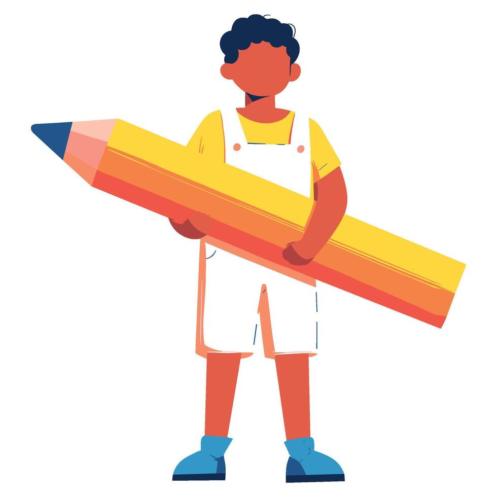 Boy Holding a Giant Yellow and Red Pencil vector