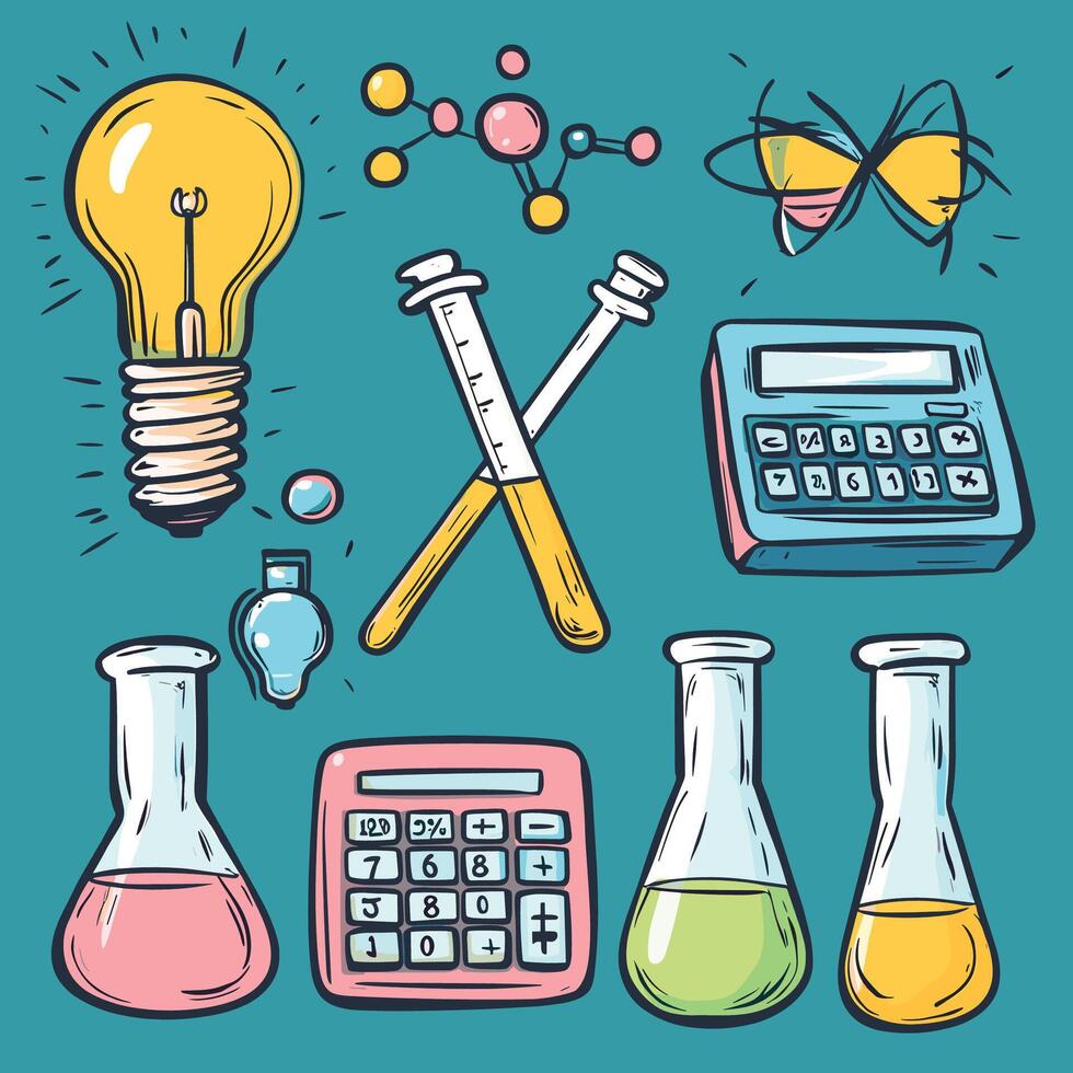Science Laboratory Illustration with Beakers, Lightbulb, and Calculator vector