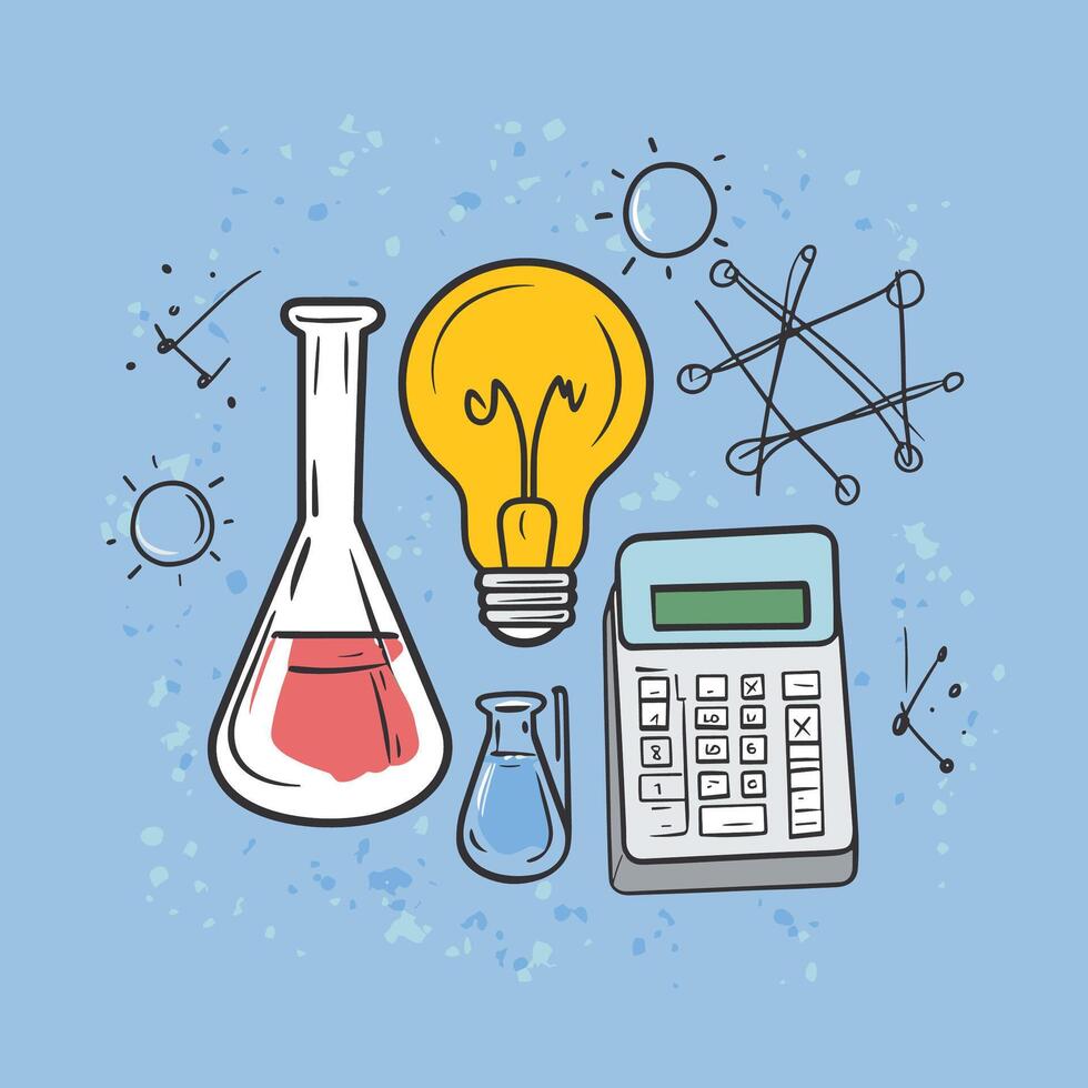 Educational Science Graphic with Lightbulb, Calculator, and Beaker vector