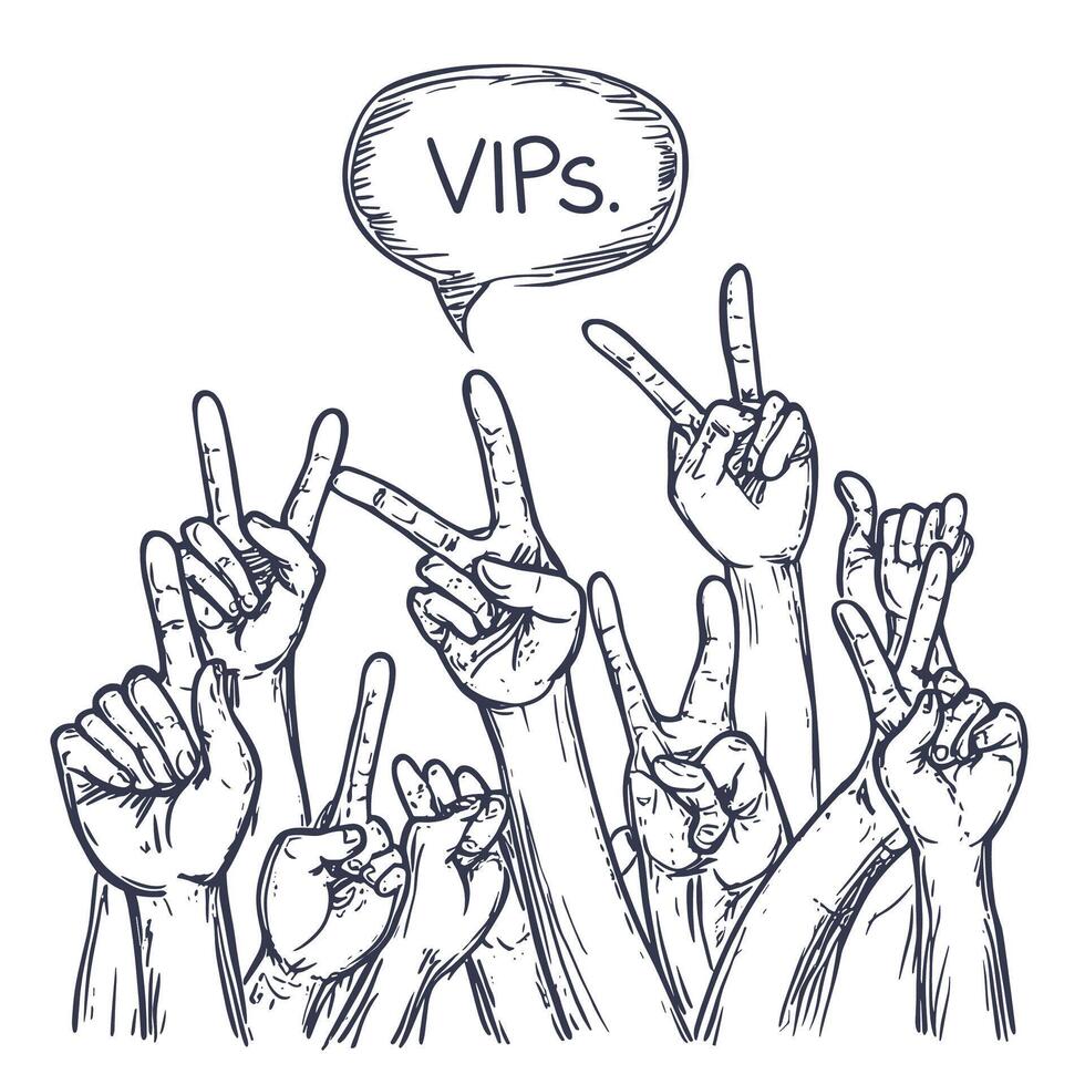 Crowd of Hands Raised in a Concert with Speech Bubble Saying VIPs vector