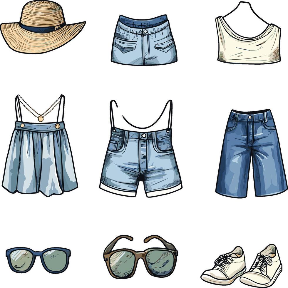 Summer Clothing Collection with Shorts, Tops, and Accessories vector