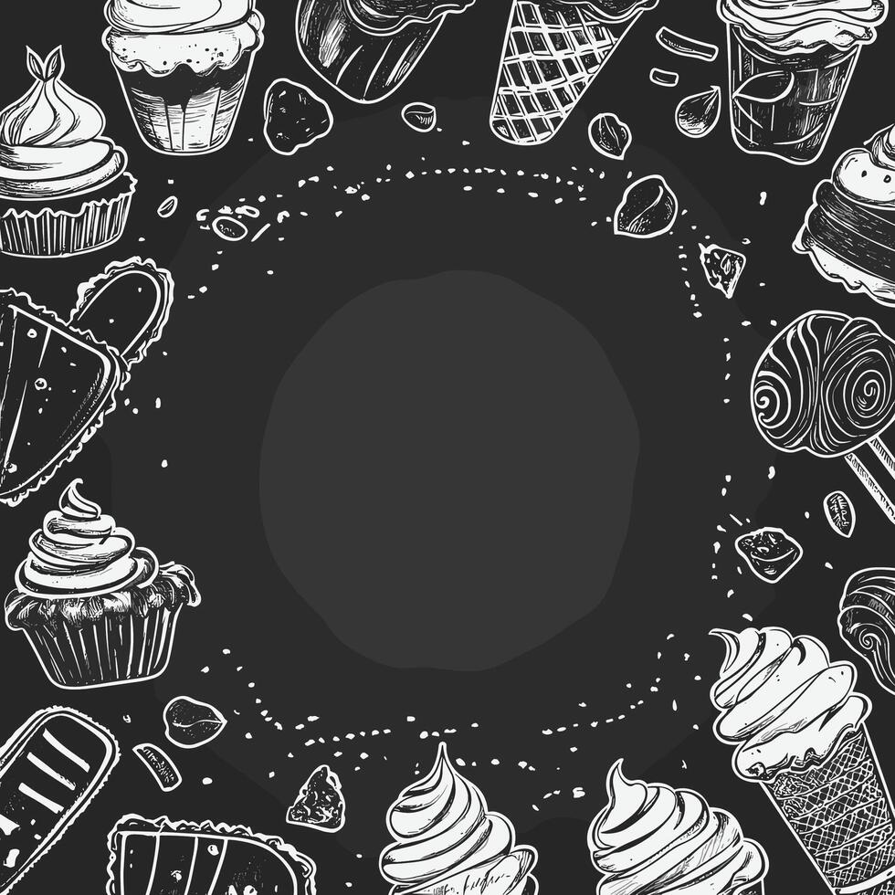 Chalkboard Frame with Pastries and Sweets Border in Black and White vector