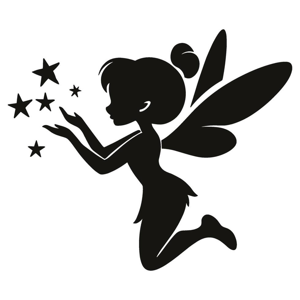 Silhouette of a Fairy Casting Magic with Sparkling Stars Around Her vector