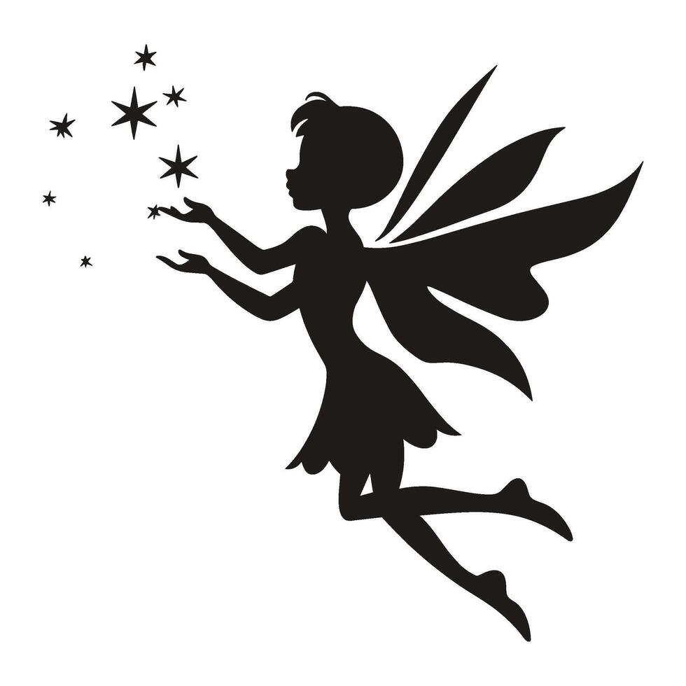 Silhouette of a Running Fairy with Wings and Sparkling Stars vector