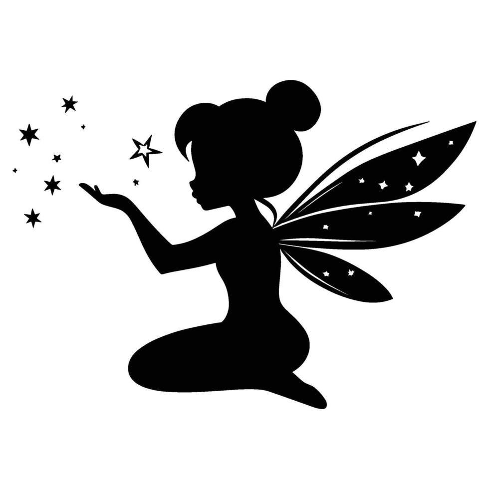Silhouette of a Sitting Fairy Sprinkling Magic Stars Around Her vector