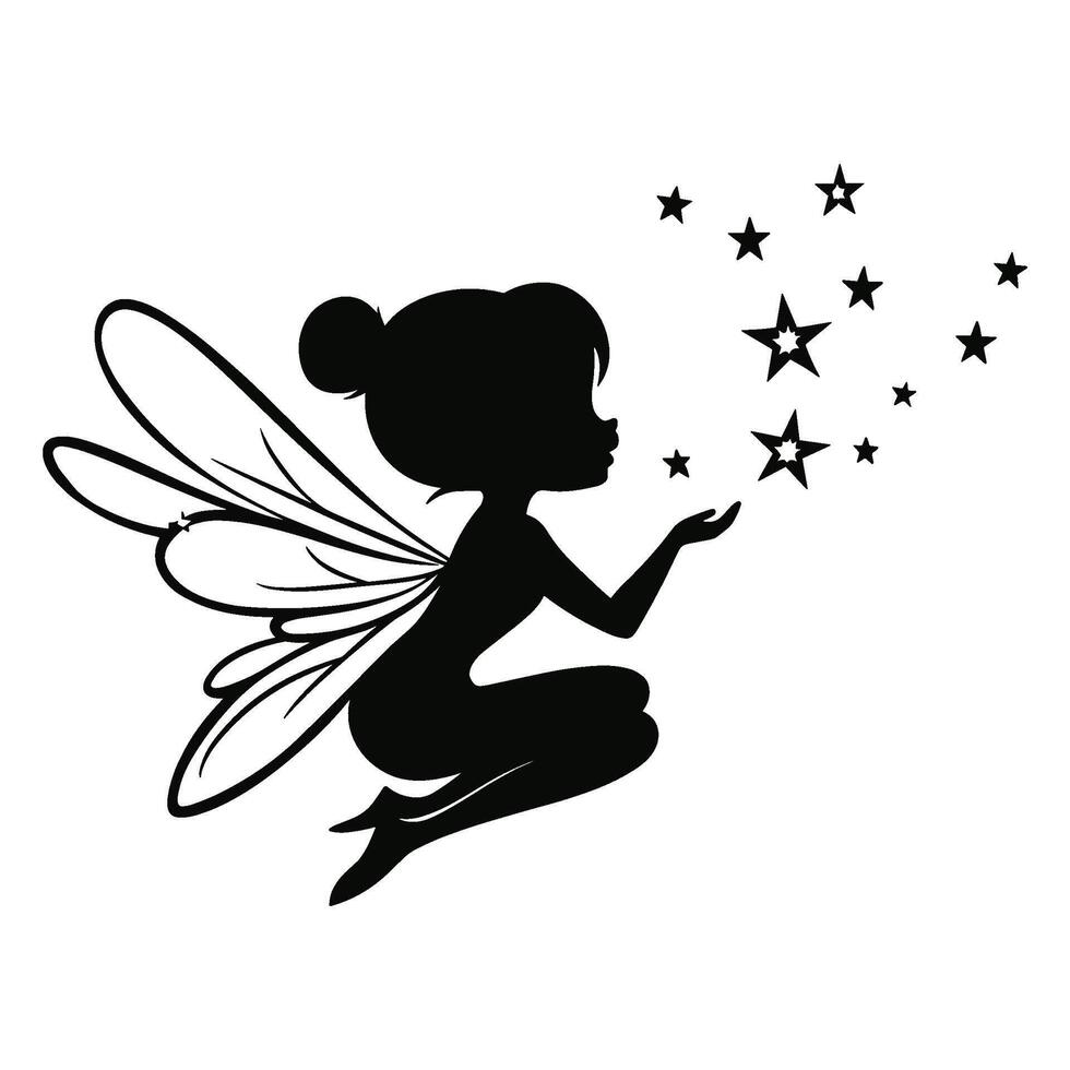 Silhouette of a Fairy Sitting on the Ground Casting Magic with Stars vector