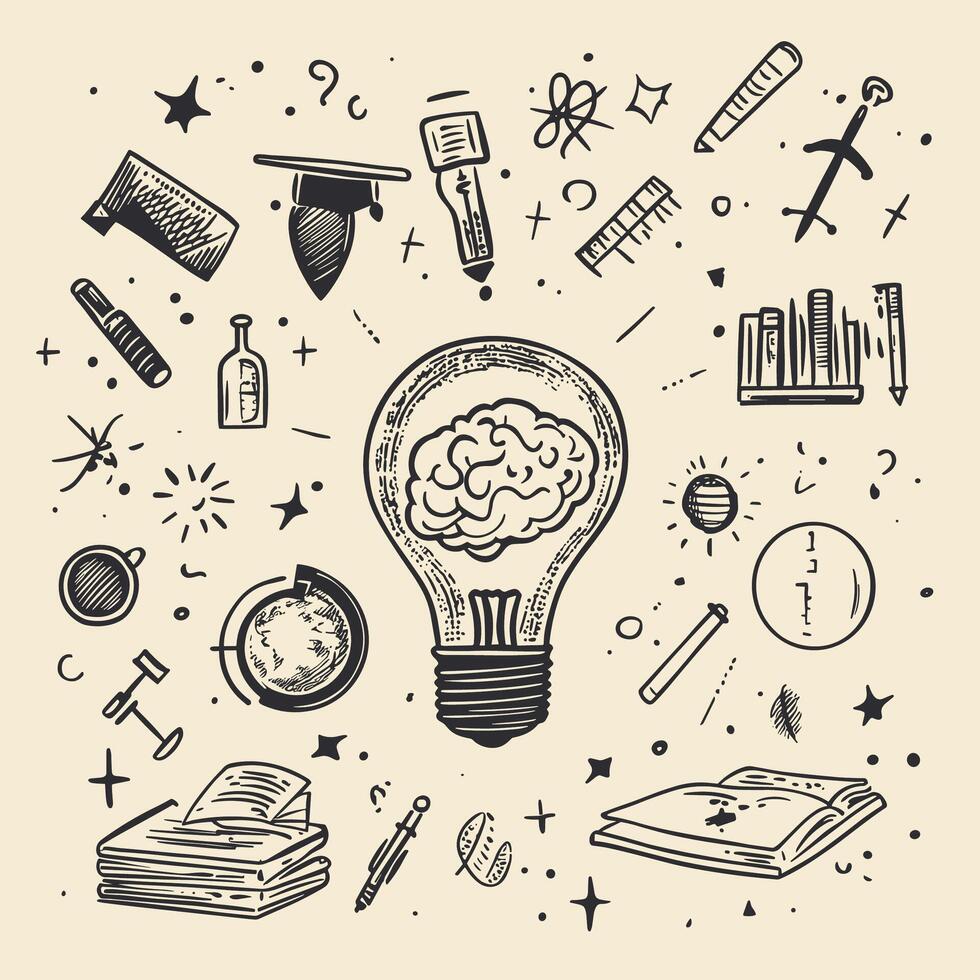 Educational Doodle Collection with Lightbulb, Books, and Scientific Icons vector
