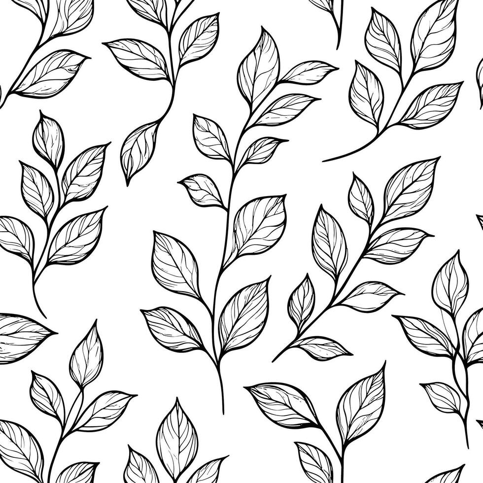 HandDrawn Monochrome Leaves Pattern in Line Art Style vector