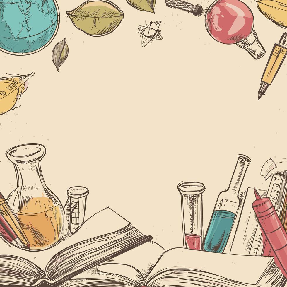 Educational Illustration with Beakers, Planets, and Books vector
