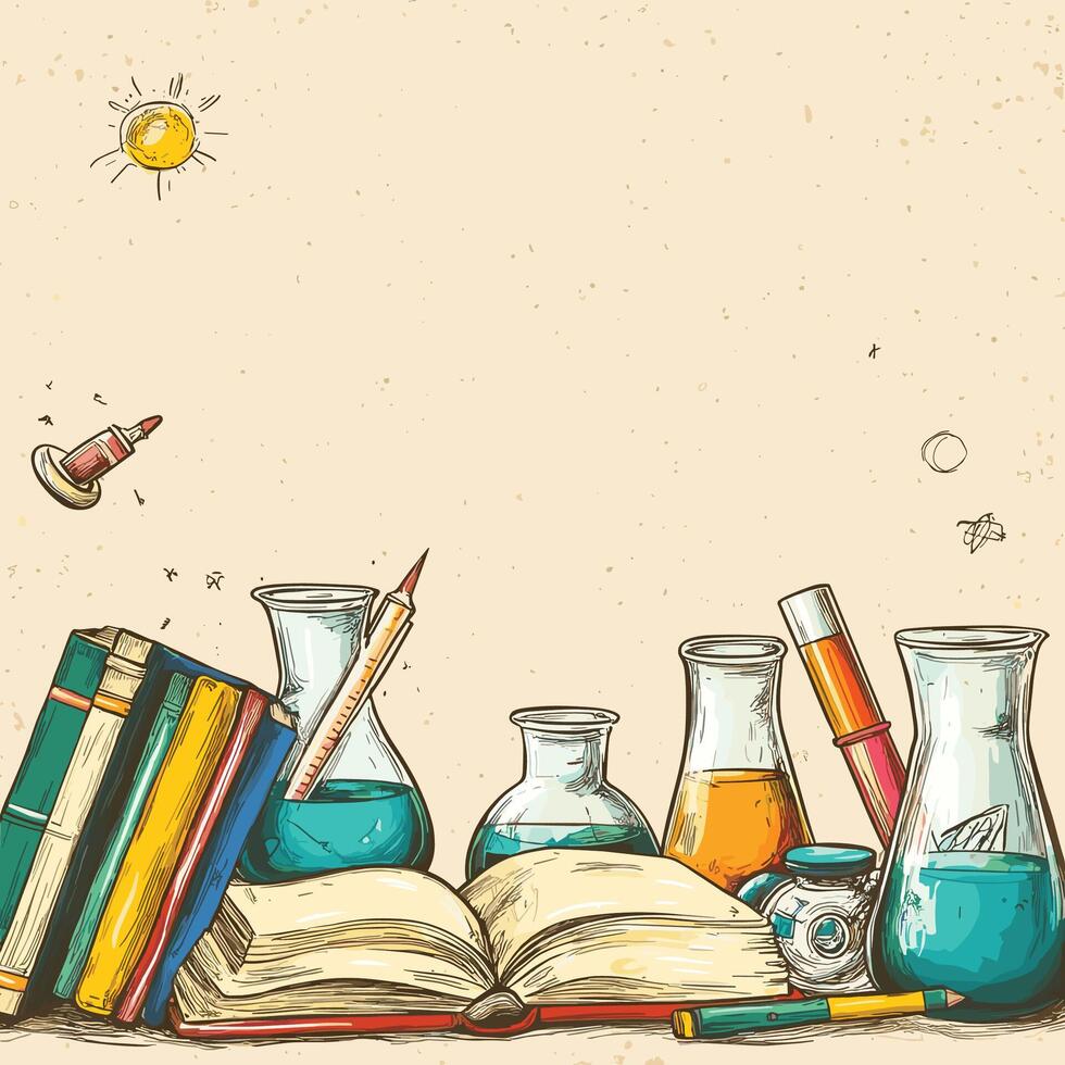 Science and Learning Theme with Books, Beakers, and Sun Illustration vector