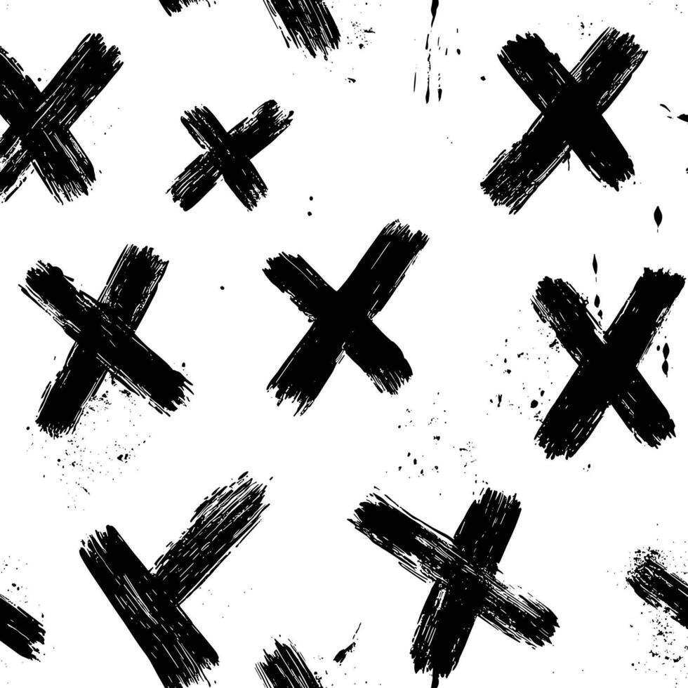 Grunge Black Brushstroke Crosses on White in Randomized Pattern vector