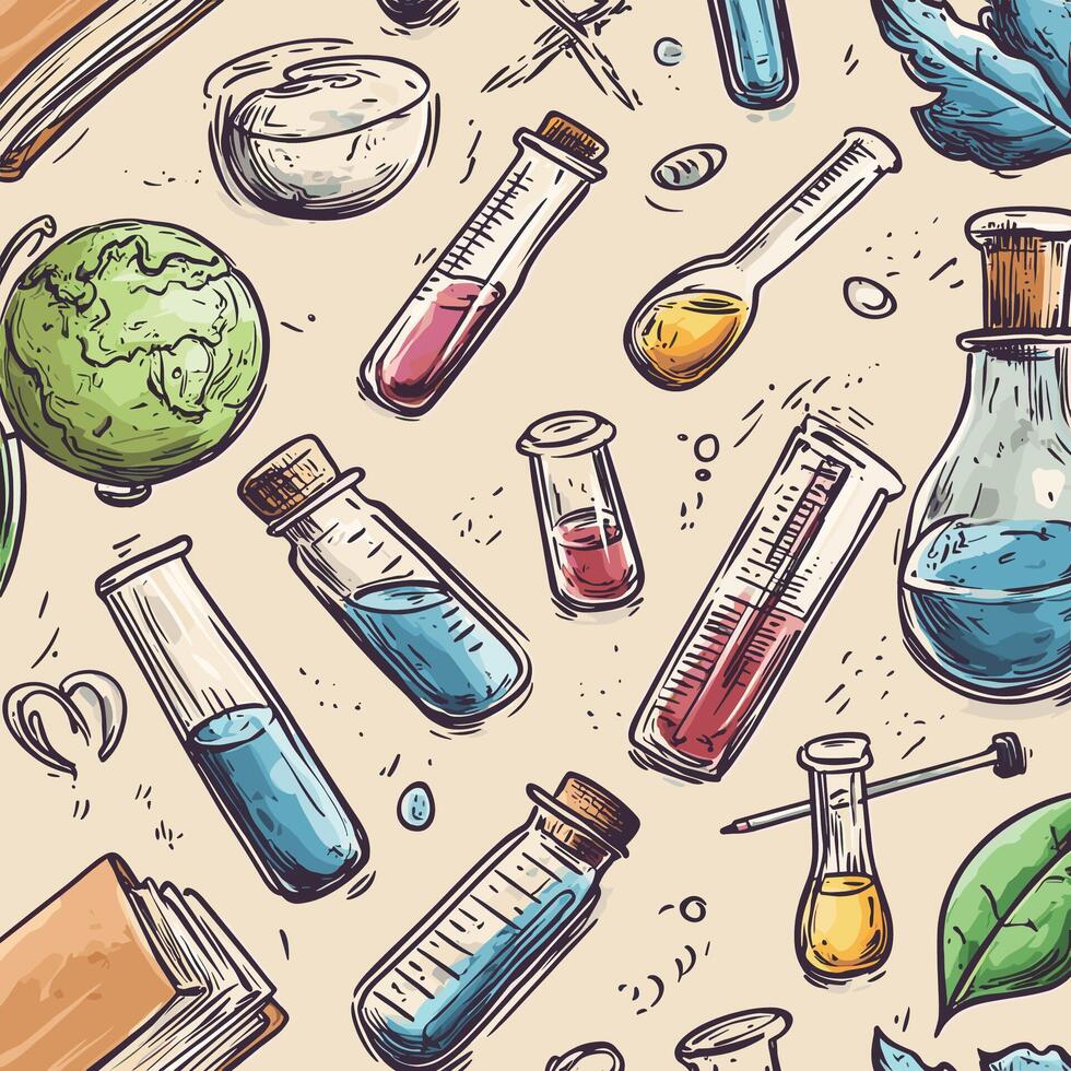 Science Pattern with Test Tubes, Beakers, and Educational Items vector