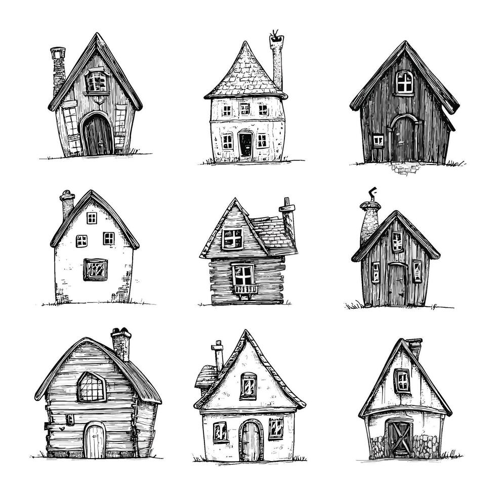 Collection of HandDrawn Rustic Houses and Cabins vector